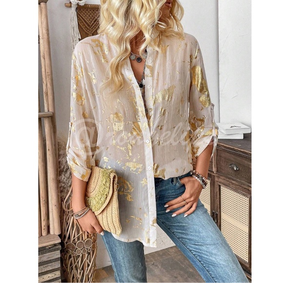 Gold Detail Beige Button Down Shirt Long Sleeve Semi-Sheer - Picture 7 of 8